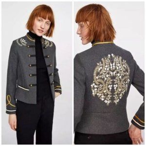 Zara trf outerwear wool grey embroidered military style jacket NWOT